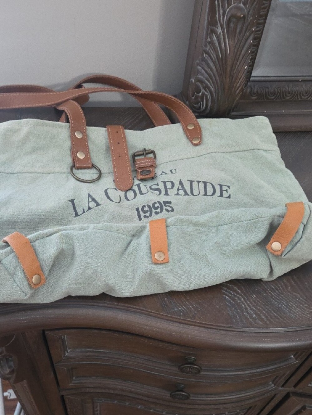 Myra Bag Sage Green Canvas Tote with Brown Leather Straps - Picture 6 of 15